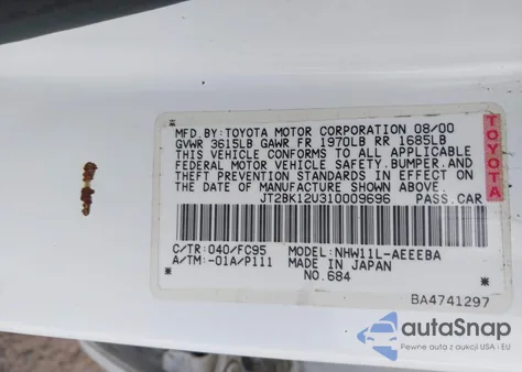 2001 Toyota Prius z USA, uszkodzony, nr VIN JT2BK12U310009696